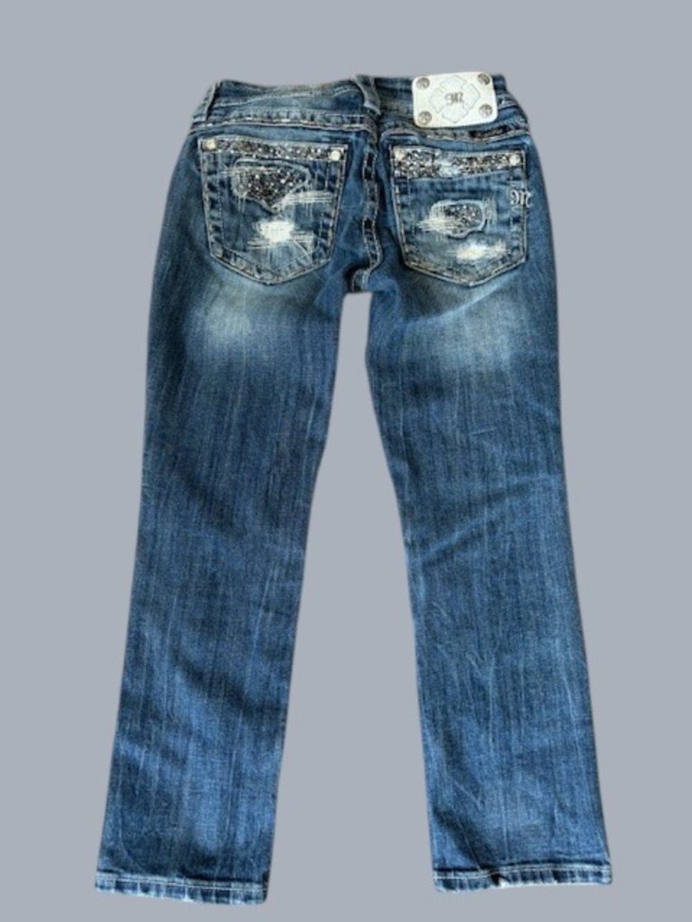 Miss Me Signature Crop Med Wash Low Rise Rhinestone Distressed Western Jeans 25
